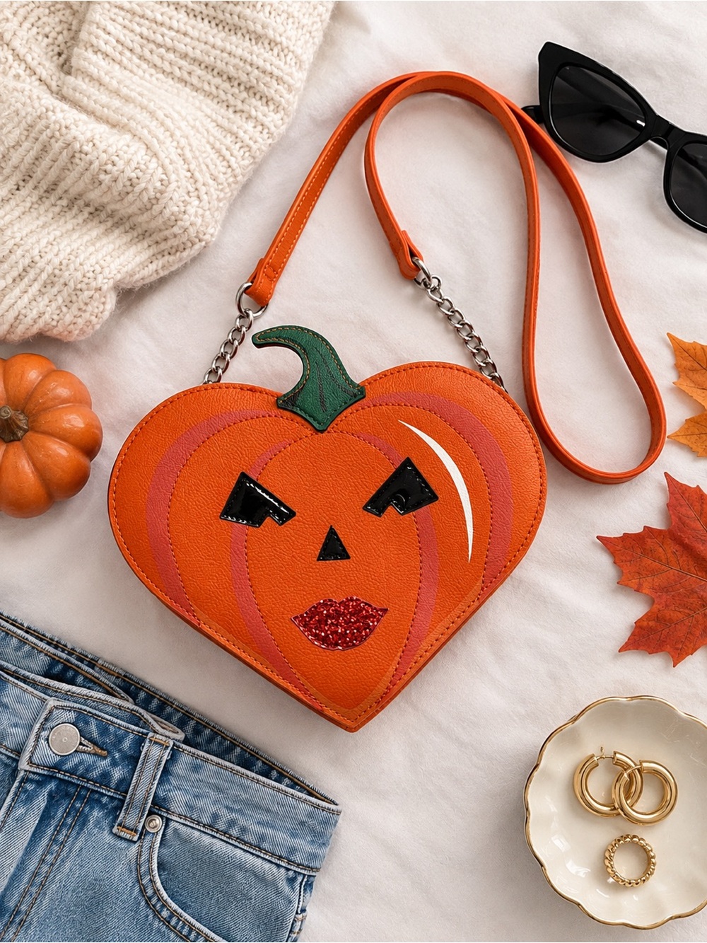 Betsey Johnson Orange Pumpkin Heart Crossbody Bag with Green Stem